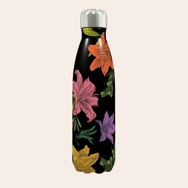 Floral-patterned water bottle on a light pink background