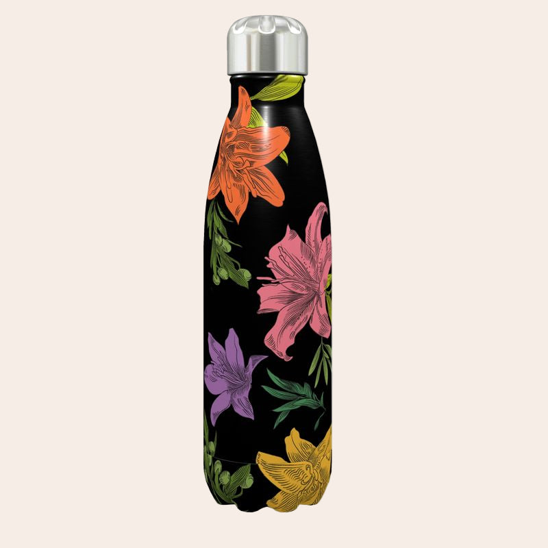 Floral-patterned water bottle on a light pink background