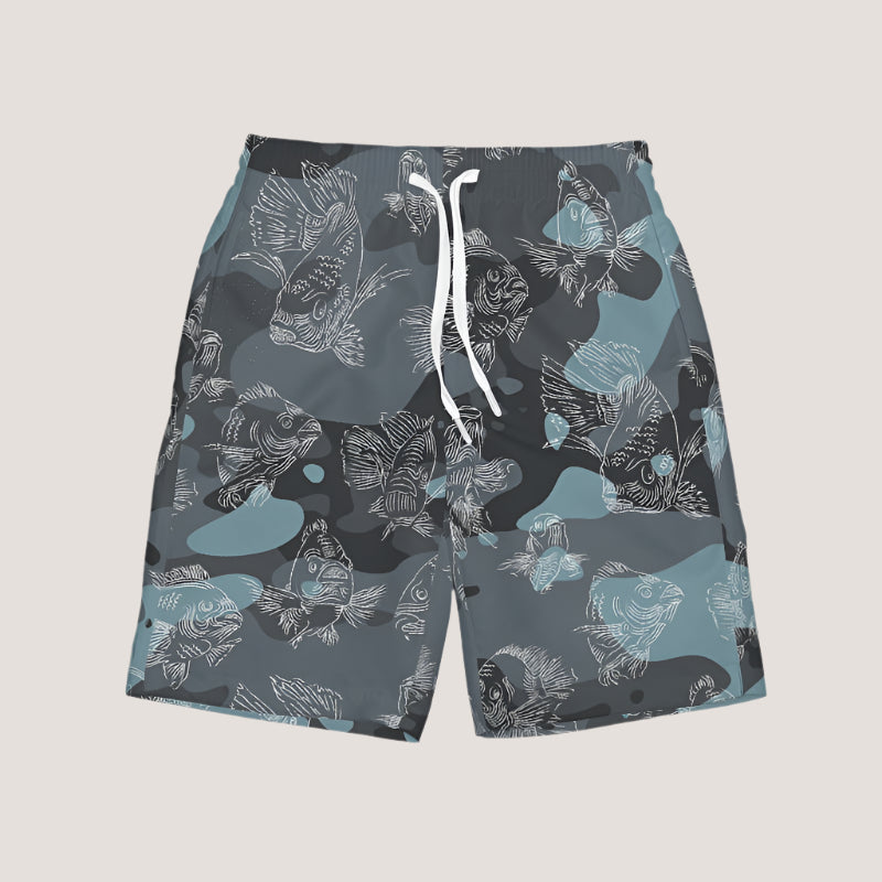 Blue-camo board shorts with a white swimming carp all-over print pattern with white external ties and elastic waistband, lays against a white background.