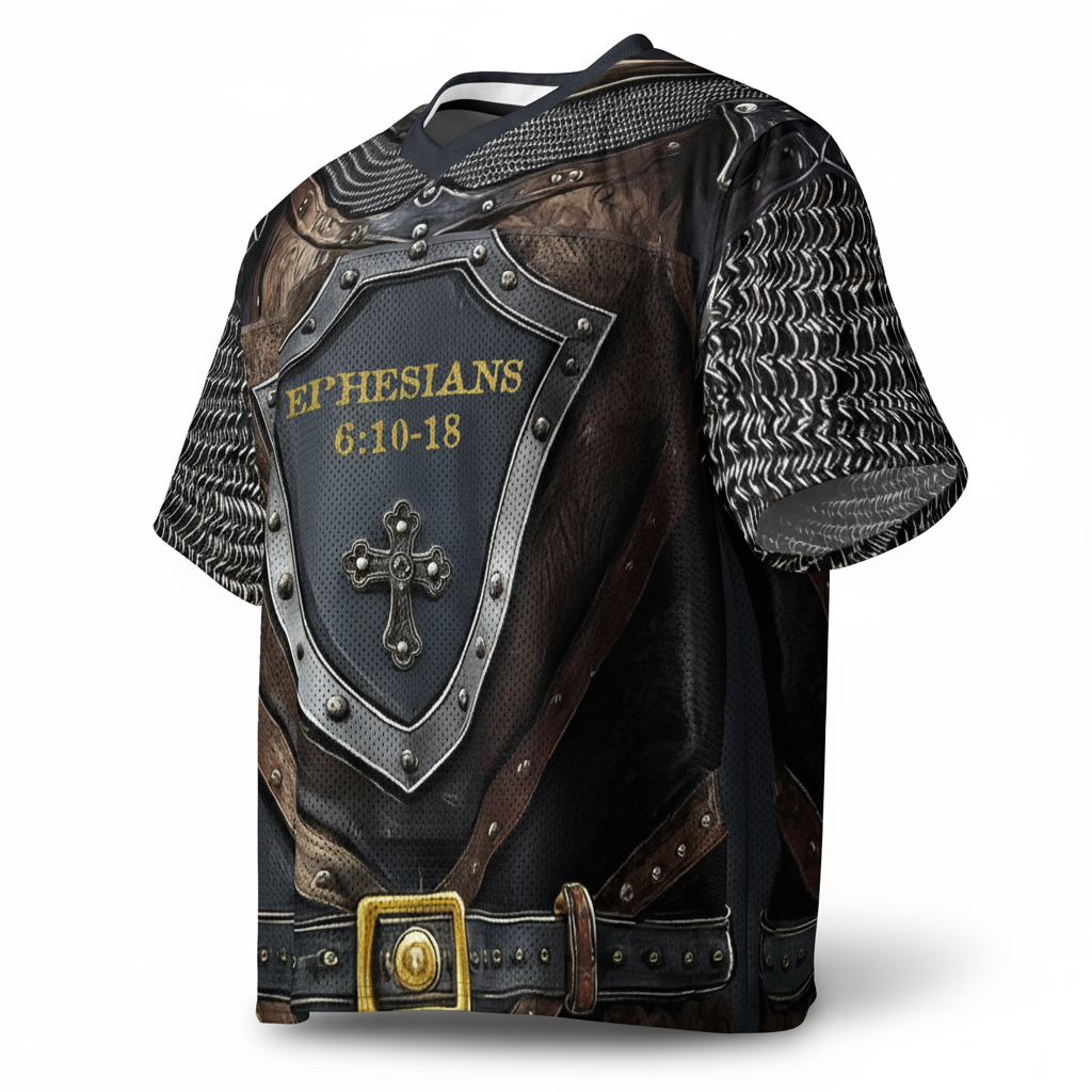 Armor-style shirt with shield design featuring text and cross, on a white background