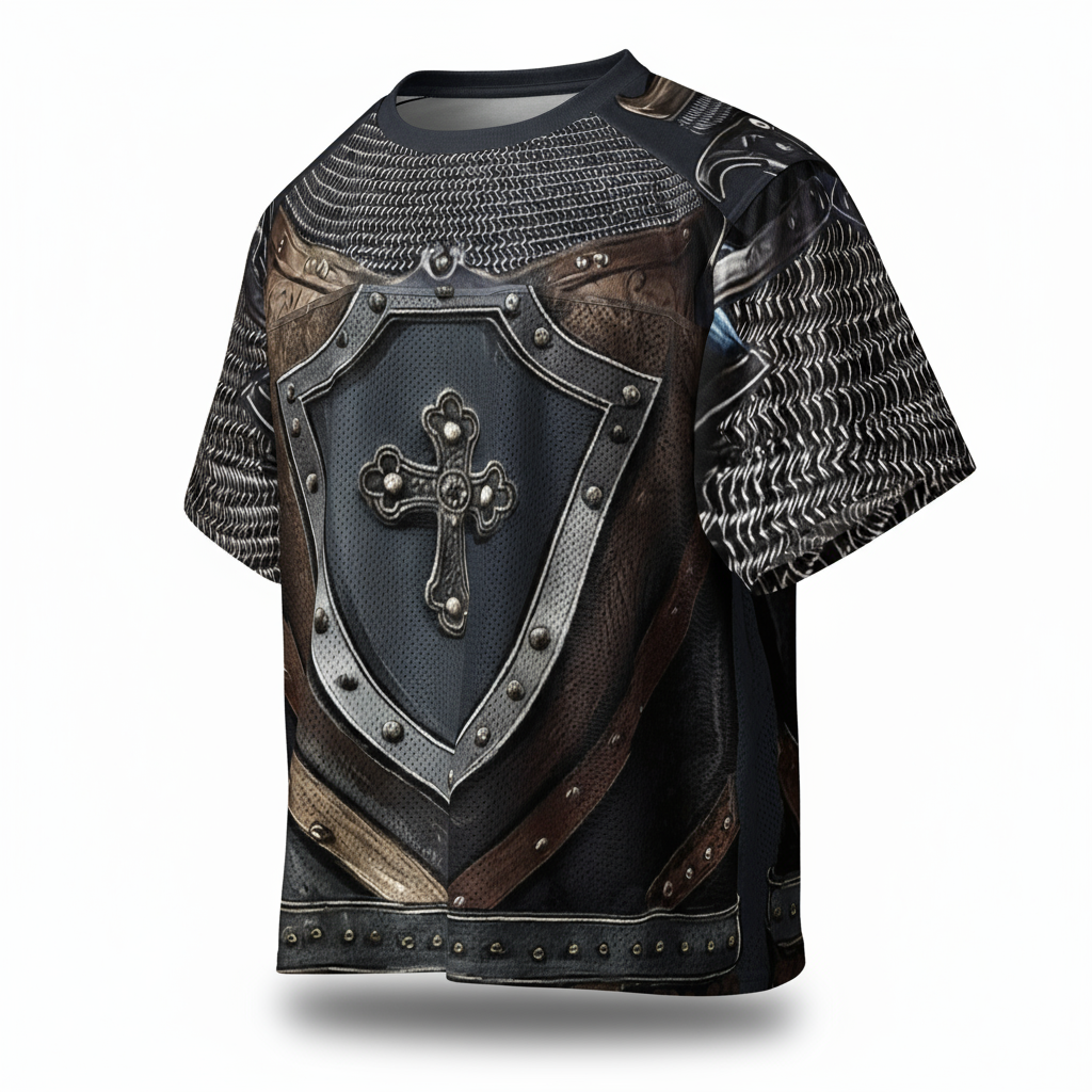 Short-sleeve shirt with armor design and cross emblem on a white background