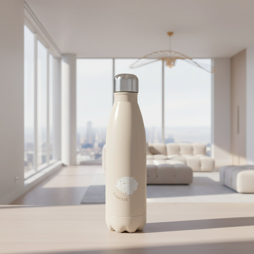 Beige water bottle with a computer illustrated baby lamb image and the word PURPOSE on the front and back, with silver cap on a neutral living room background.