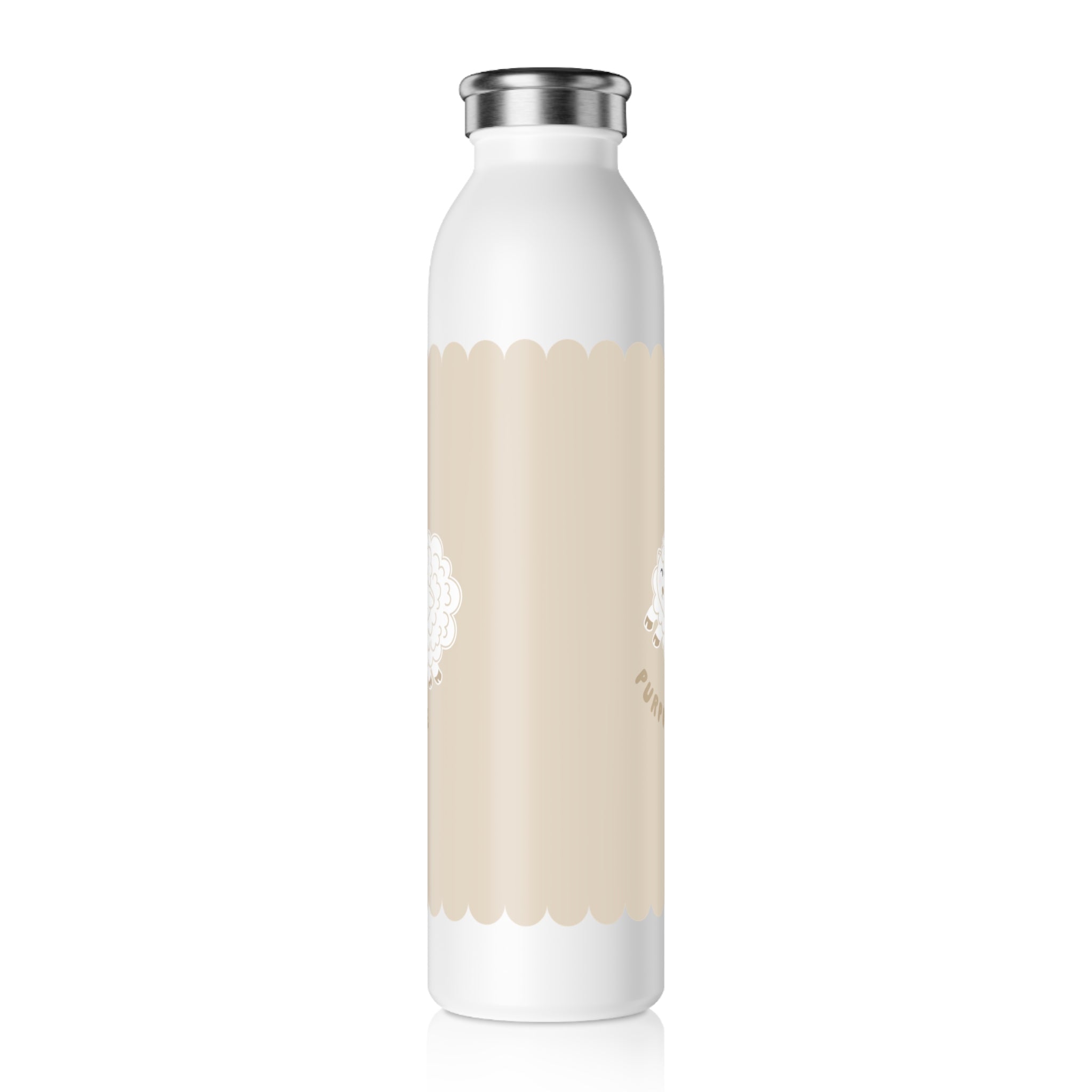 A white insulated water bottle with a silver metal cap, featuring a central beige band decorated with scalloped edges and partial decorative lamb graphics.