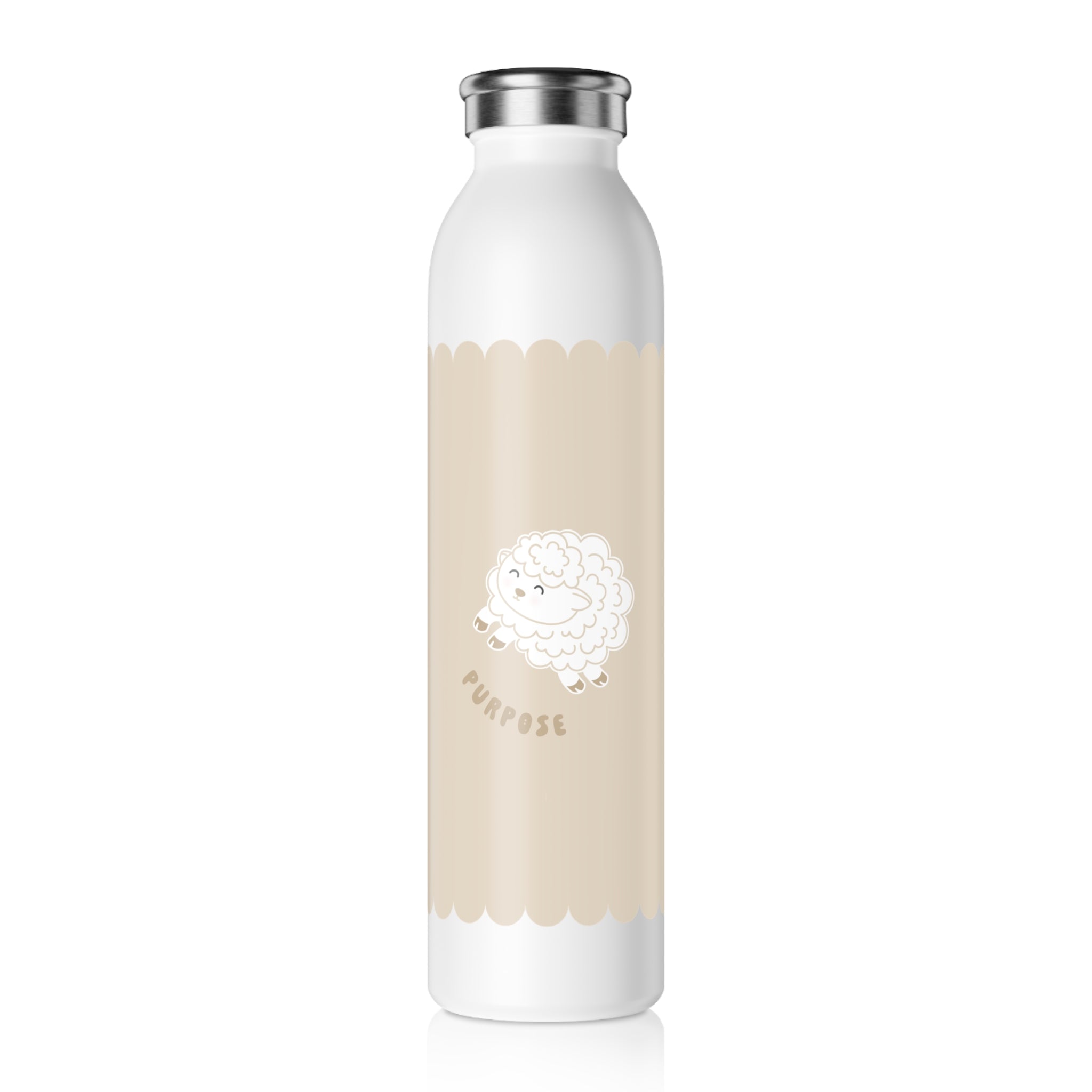 A white insulated water bottle with a silver metal cap, featuring a beige scalloped band around the middle with a cute white lamb illustration and the word 'PURPOSE' printed below it.