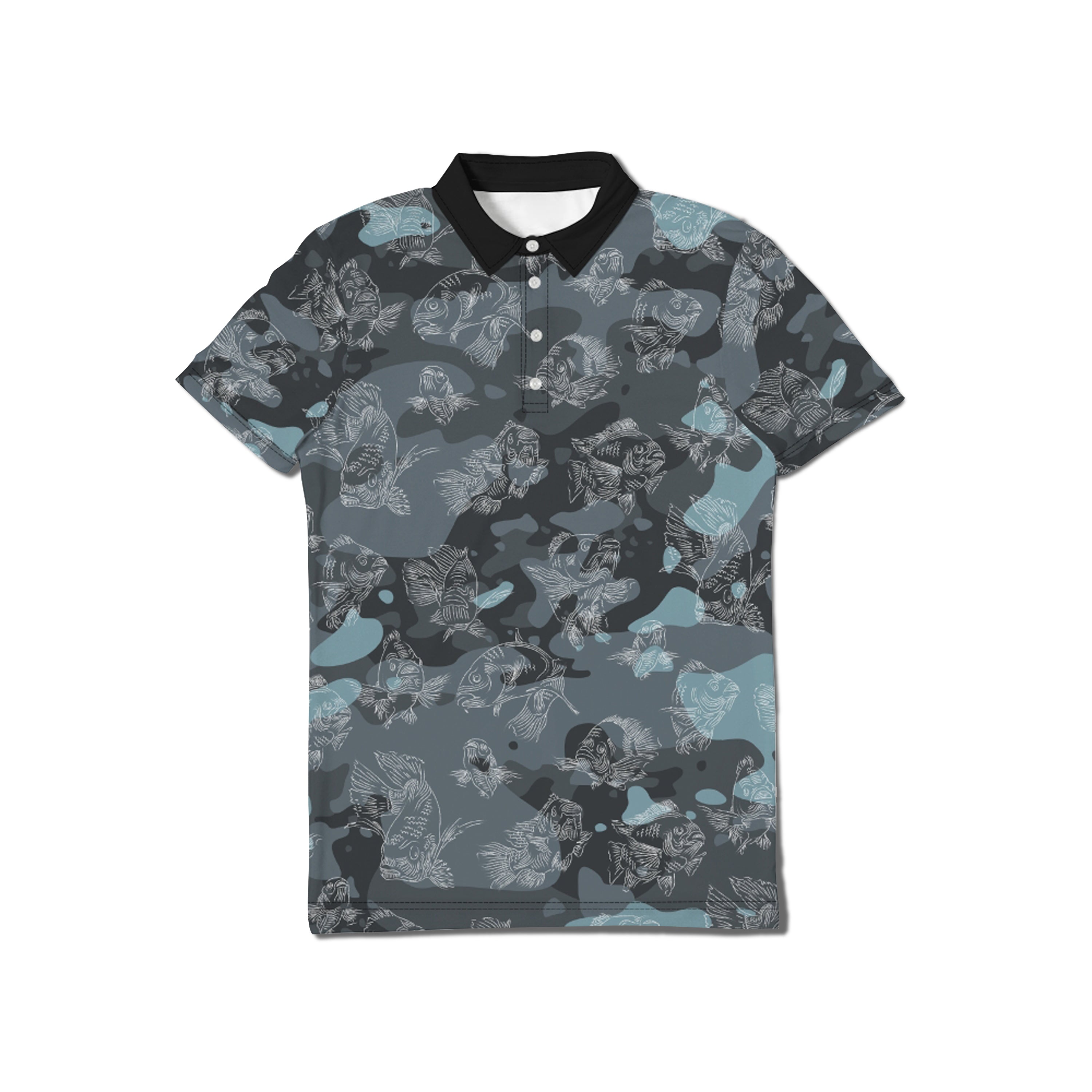 Front side of short-sleeve shirt with a blue camo pattern with line art of swimming carp laying flat against a white background