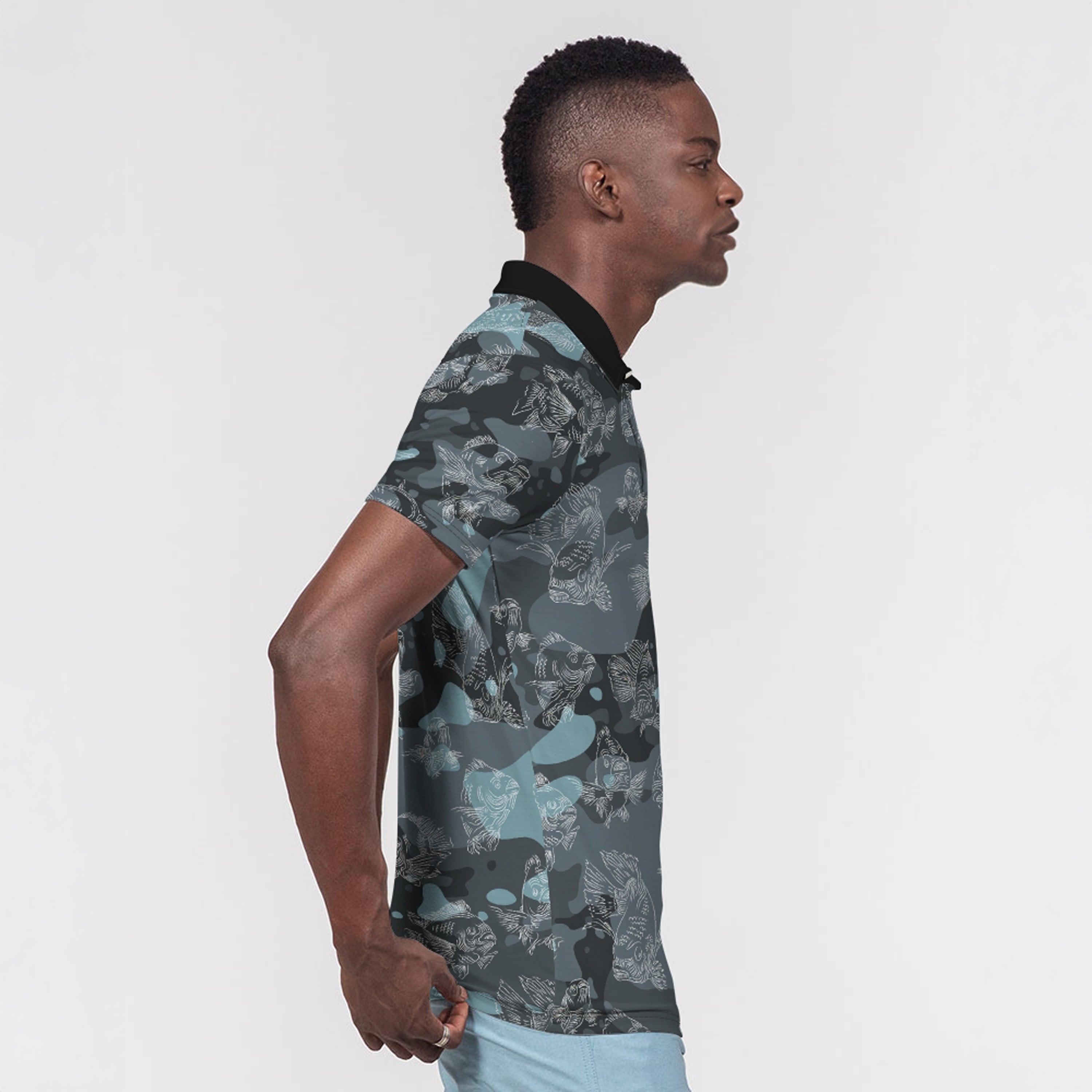 Right side of man wearing a camouflage-patterned shirt on a white background