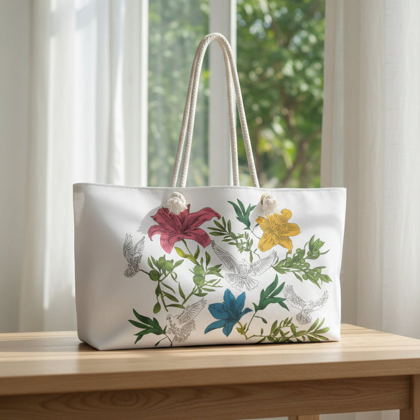 White large tote with rope double handles and colorful floral and white dove design