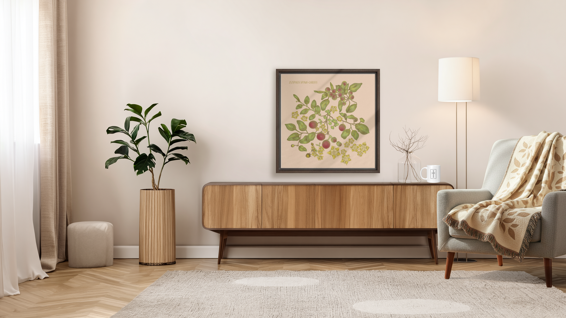 Modern living room with wooden console table, armchair, Ziziphus framed art, Dove Woven Throw Blanket, Find Greater Purpose Mug, and other decorative elements.