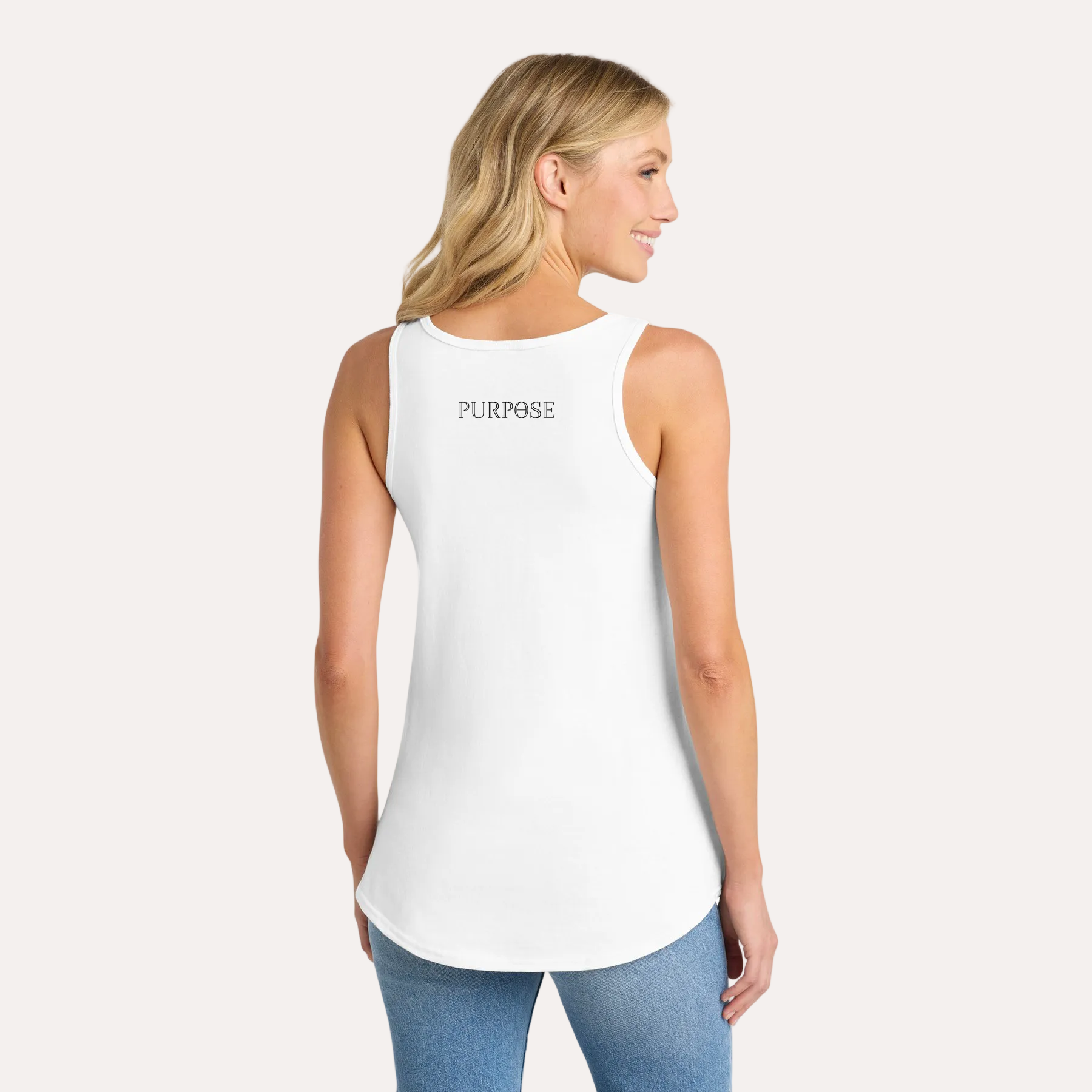 Woman wearing a white tank top with 'PURPOSE' text on a white background