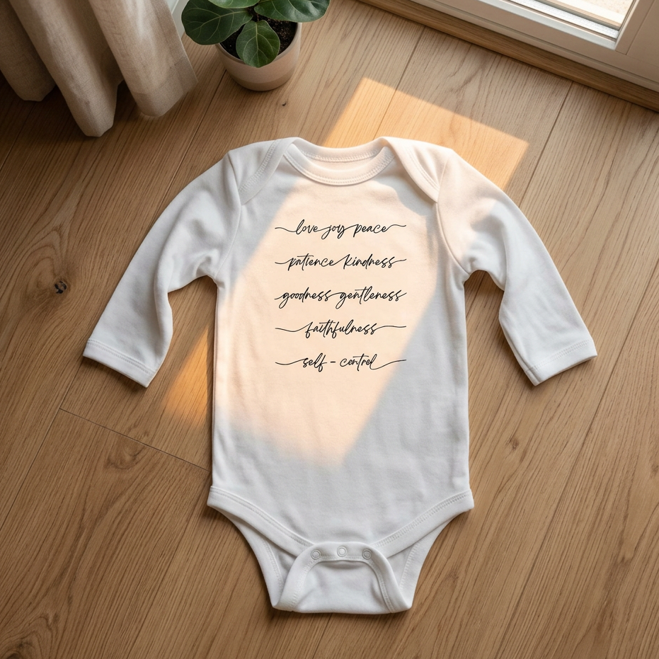 A white long-sleeved infant onesie with the Fruits of the Spirit written in black cursive along the center upper chest, laying flat upon a wood floor next to a small plant and french door which cast a soft rectangle of light upon the onesie and floor boards.