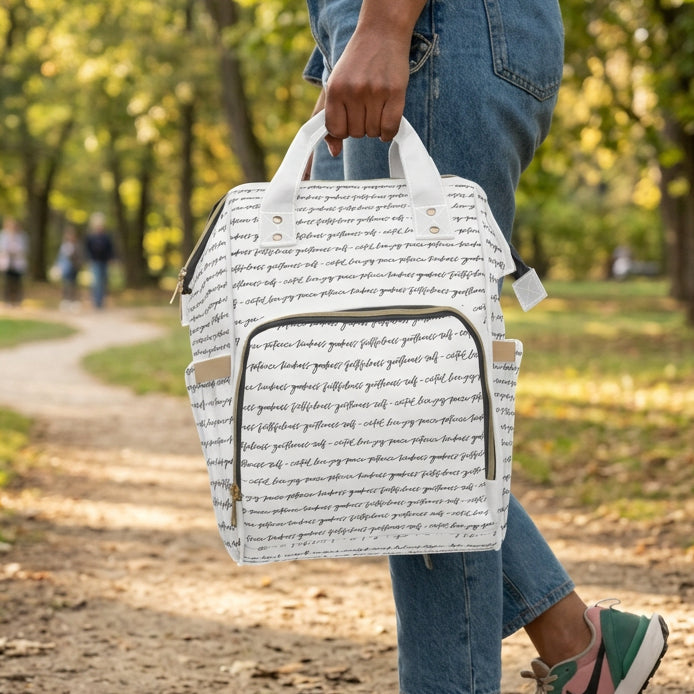 A white diaper backpack with the Fruits of the Spirit written in black script in an all-over print carried by a person wearing blue jeans Walking on a park trail