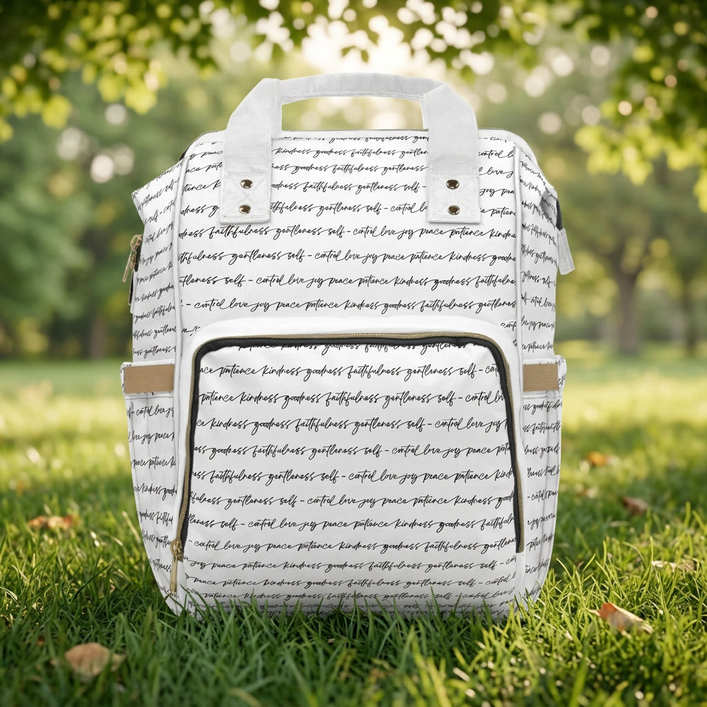A white backpack with an all-over black script print featuring the Fruits of the Spirit with a large front pocket, beige side accents, and a white top handle, shown on the grass in a park setting.