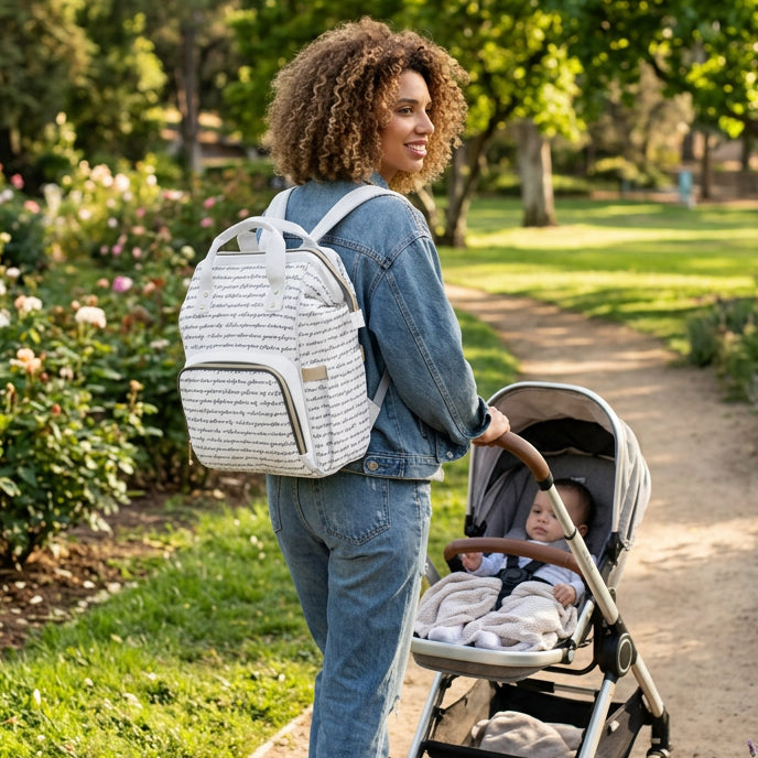 A woman wearing a denim jacket and jeans carries a white backpack with black script of the Fruits of the Spirit written in cursive in an all-over linear pattern and gold-tone hardware, shown from a side-rear angle in a park walking on a trail.