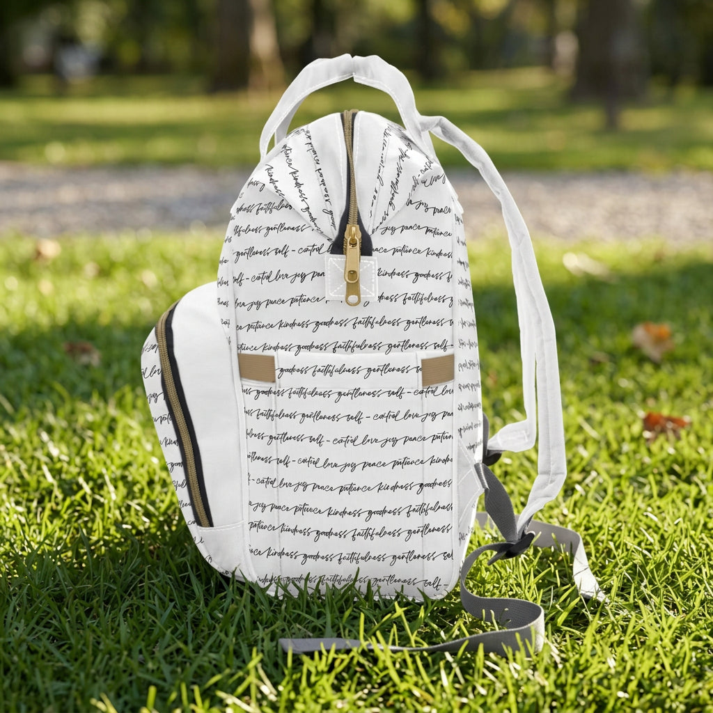 The side view of a white backpack with an all-over black script print featuring the Fruits of the Spirit with two padded shoulder straps, beige side accents, and a white top handle, shown on the grass in a park setting