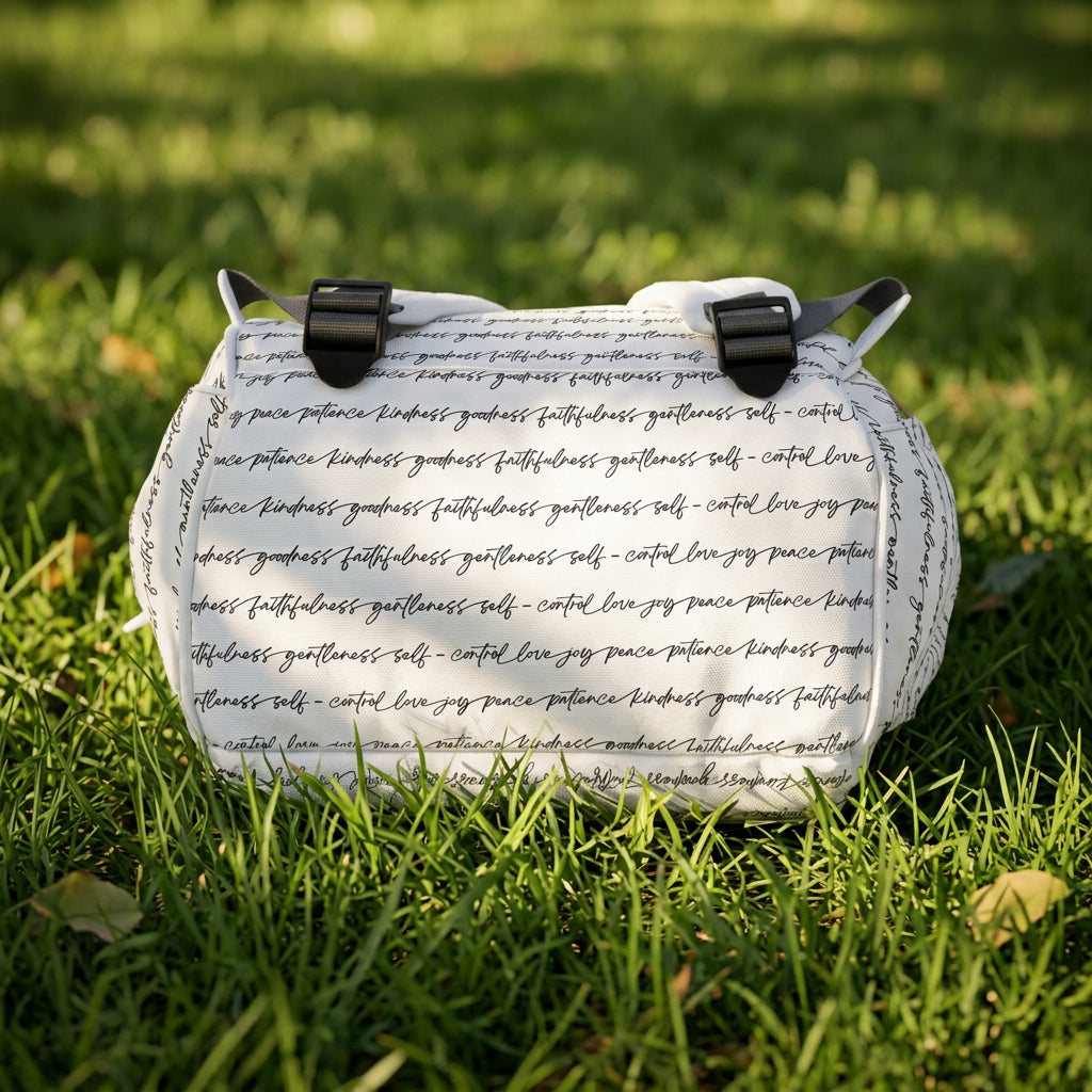 The under-side of a white backpack with black adjustable straps and an all-over black script print featuring the Fruits of the Spirit shown laying on the grass in a park setting.