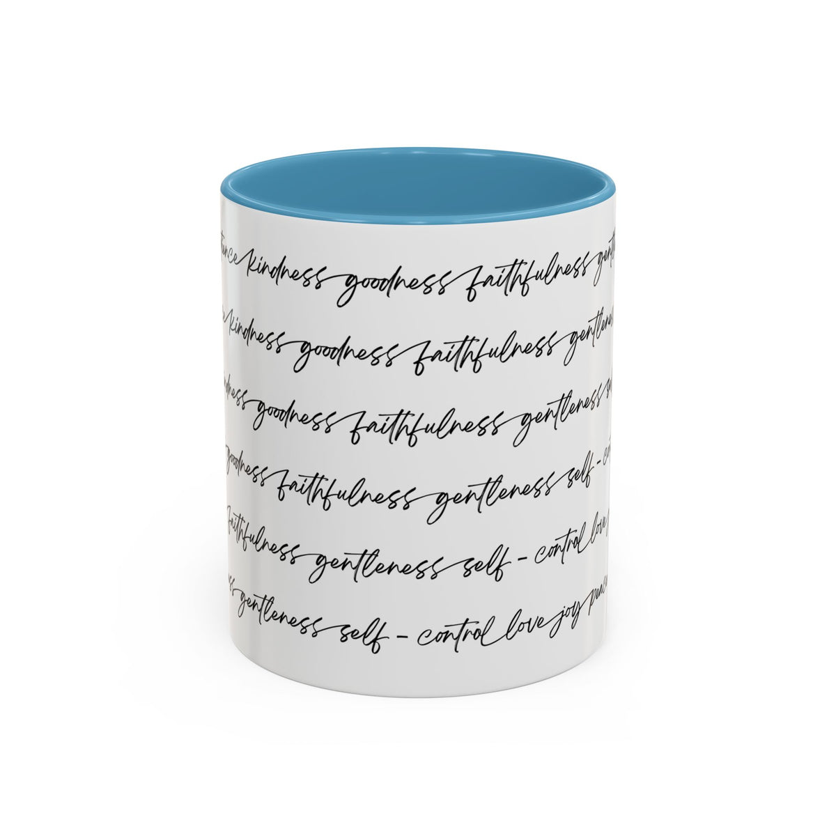 Front side of 11oz white ceramic mug with a blue handle and interior, featuring the fruits of the spirit repeated in black cursive script around the white exterior.
