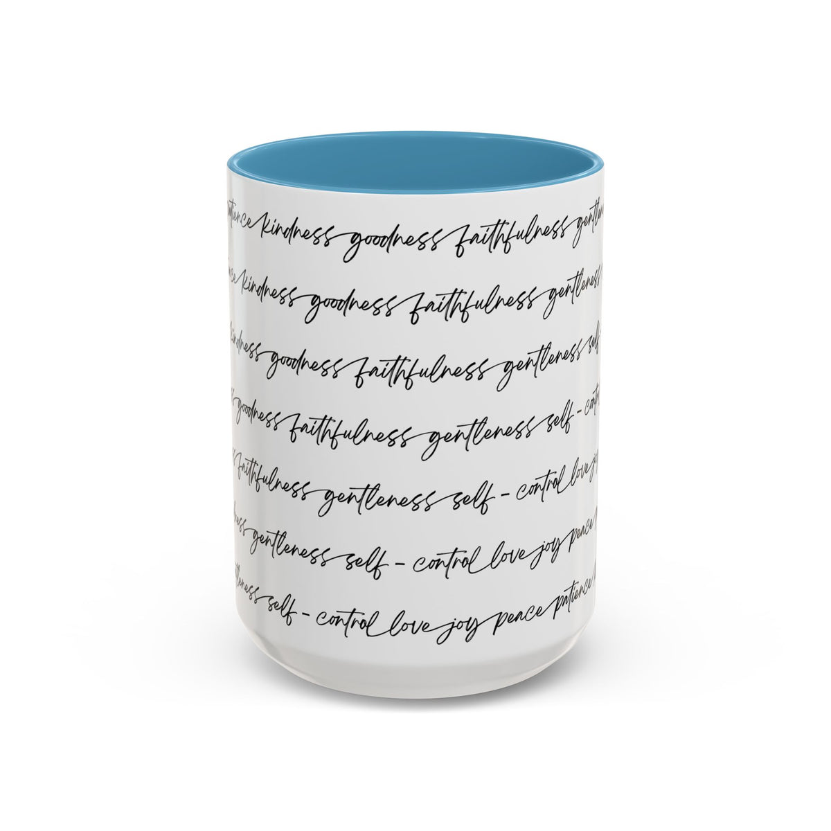Front side of 15oz white ceramic mug with a blue handle and interior, featuring the fruits of the spirit repeated in black cursive script around the white exterior.