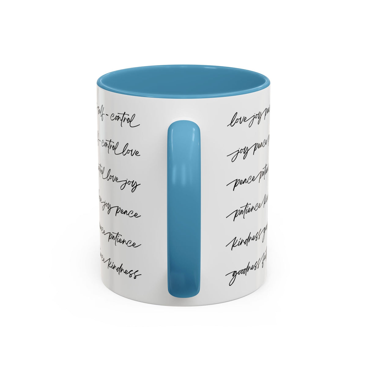 Handle side of 11oz white ceramic mug with a blue handle and interior, featuring the fruits of the spirit repeated in black cursive script around the white exterior.