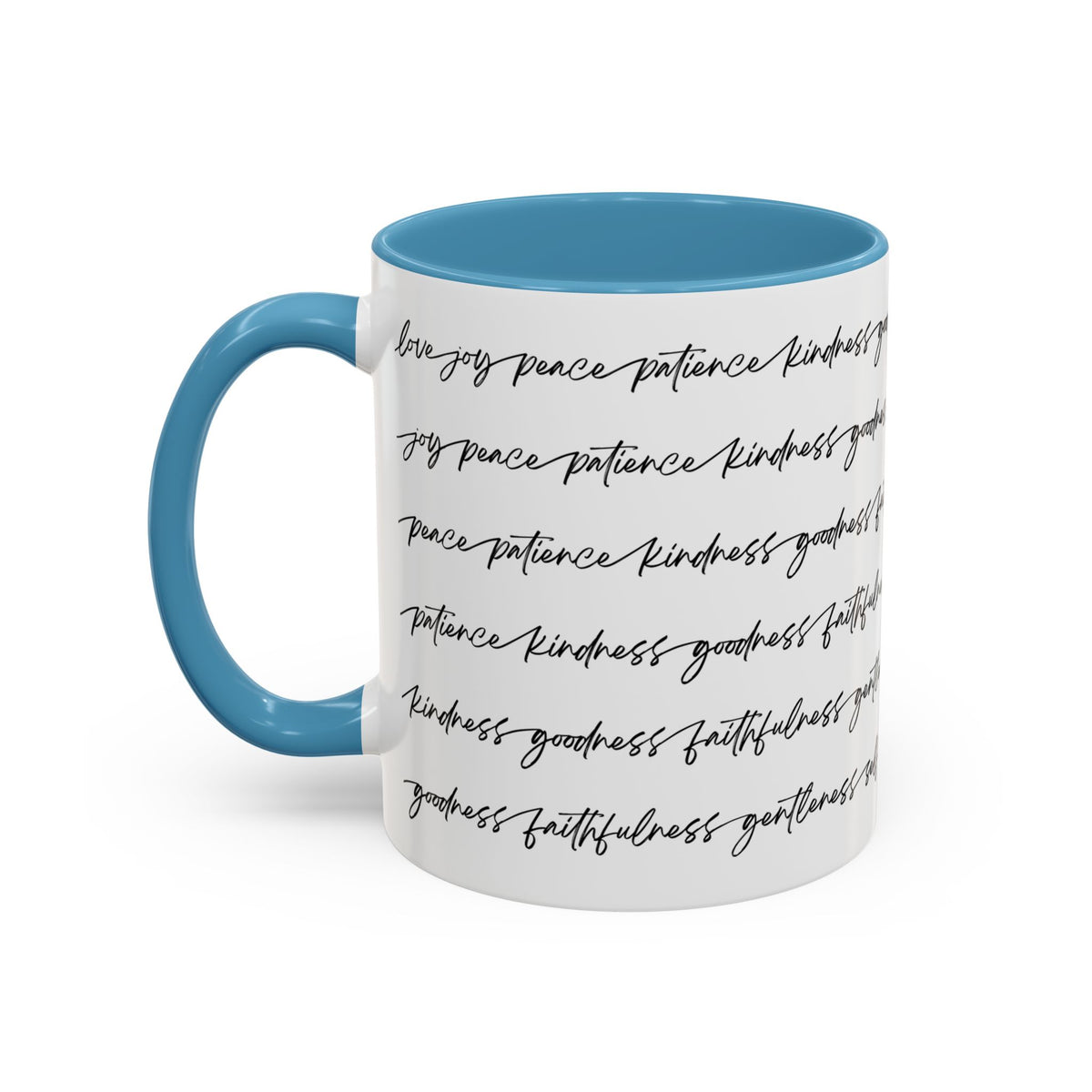 Left side of 11oz white ceramic mug with a blue handle and interior, featuring the fruits of the spirit repeated in black cursive script around the white exterior.