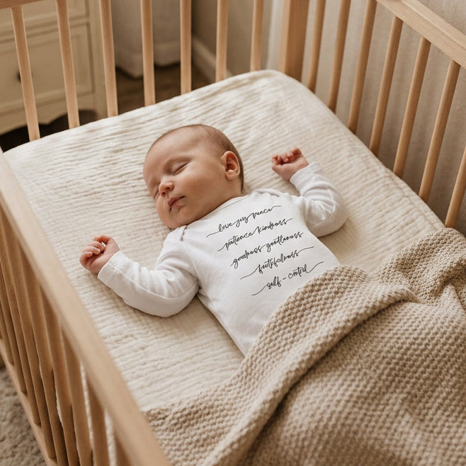 Baby sleeping in a crib wearing a white onesie with the Fruits of the Spirit written in script across the front chest.