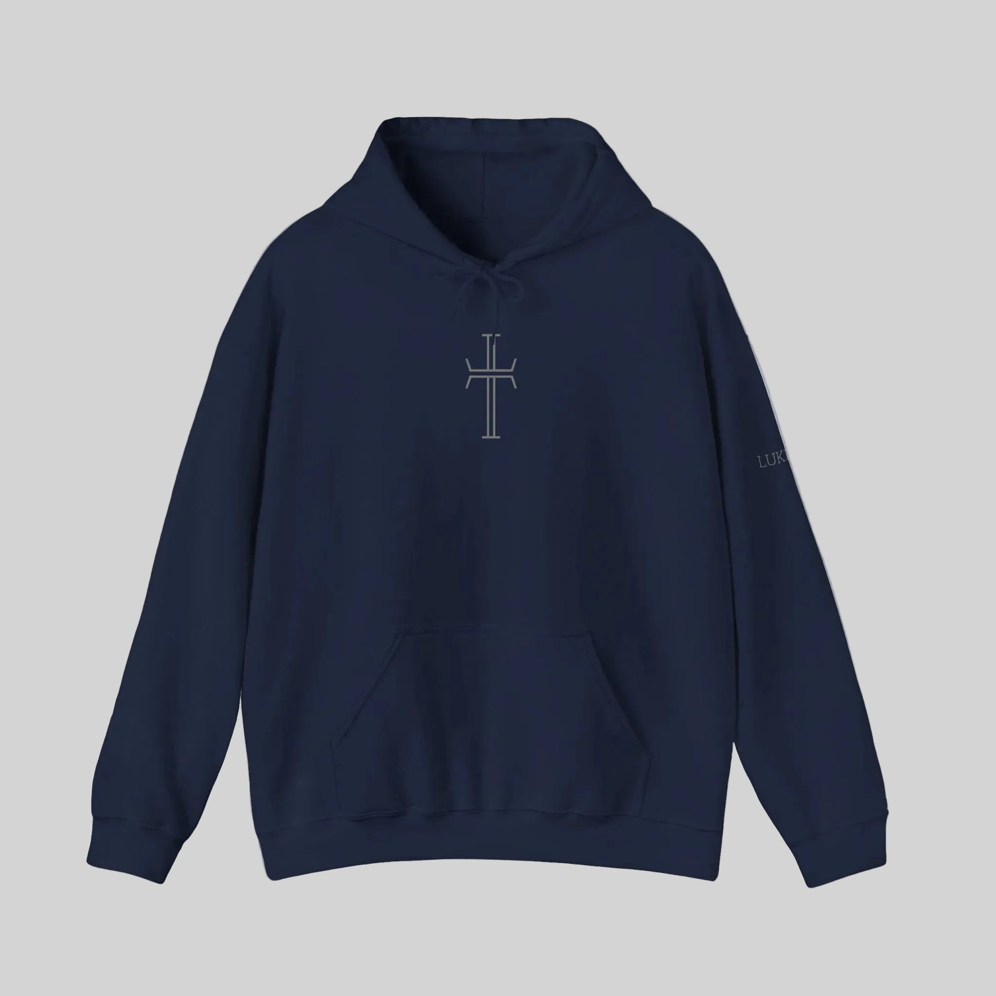Navy hoodie with a cross on the chest a white background