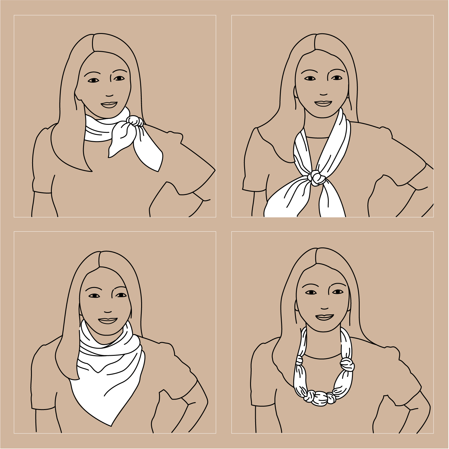 Four image of cartoon woman displaying four different ways to wear a silk scarf