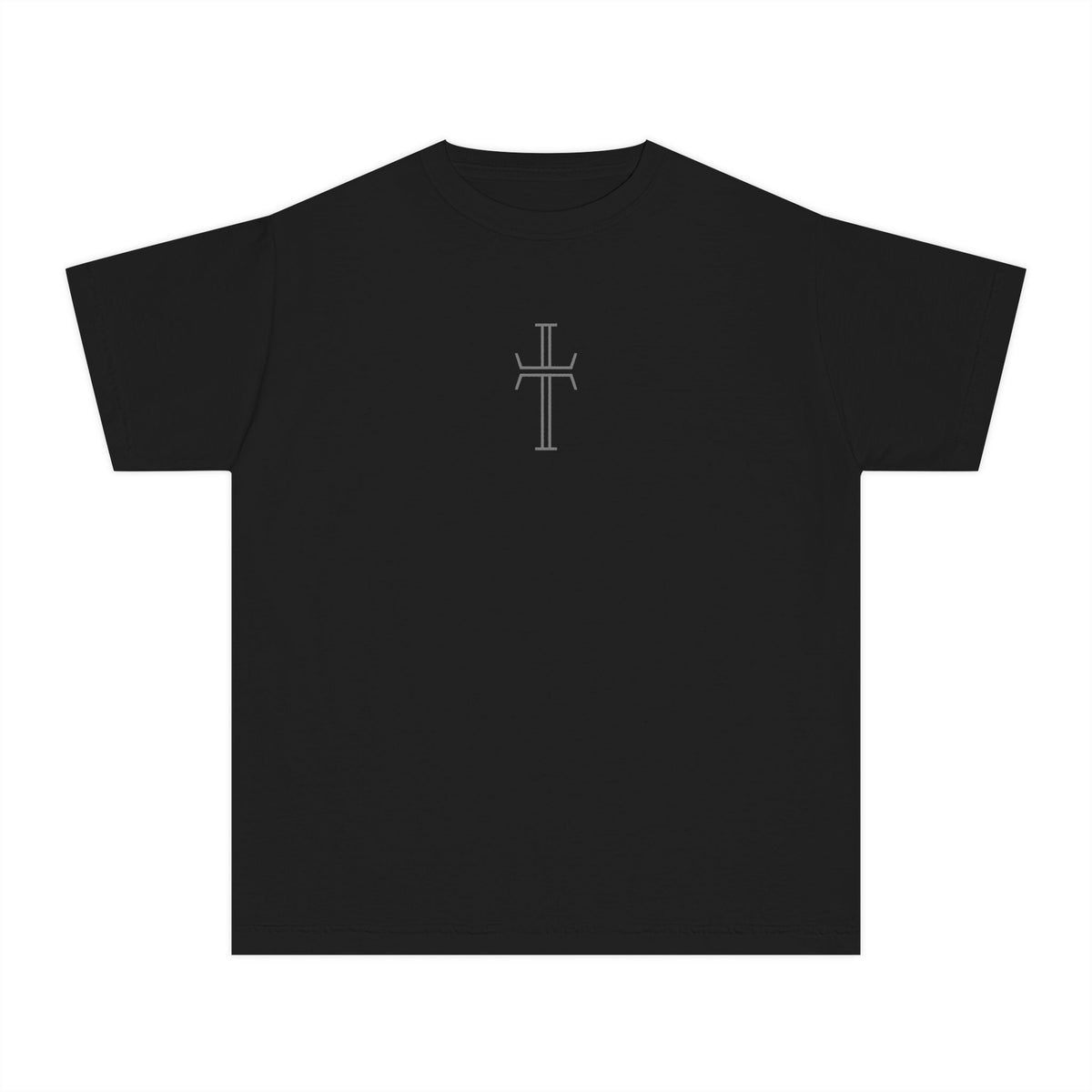 Black t-shirt with stylized gray cross against a white background