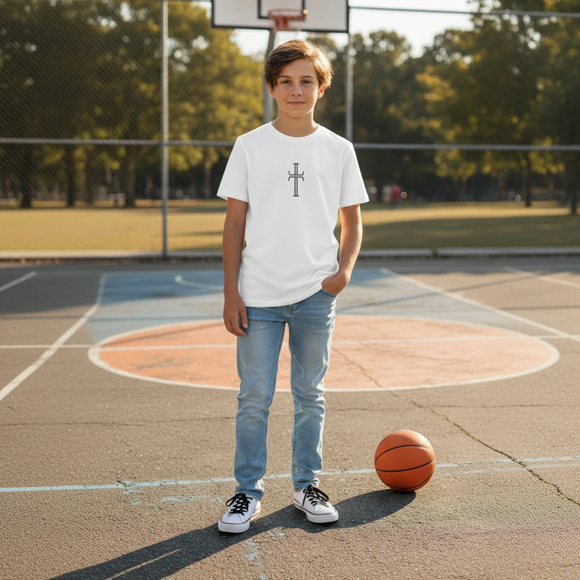 A tween boy stands on an outdoor basketball court wearing a white crewneck t-shirt with a black cross graphic on the chest, paired with light blue jeans and white sneakers. A basketball is resting on the court next to him.