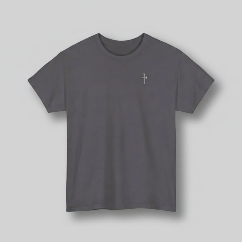 Gray t-shirt with 'Faith Over Fear' text and cross on a white background