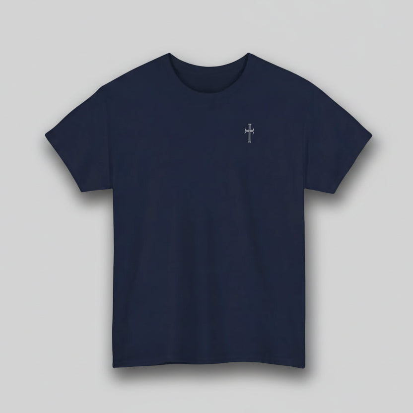 Navy t-shirt with a white cross on a gray background