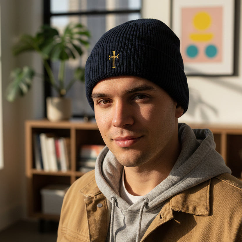 Navy-colored knit Christian beanie with embroidered crucifix