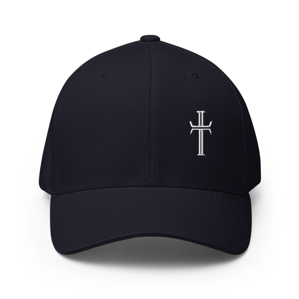 Navy cap with a white emblem on a white background