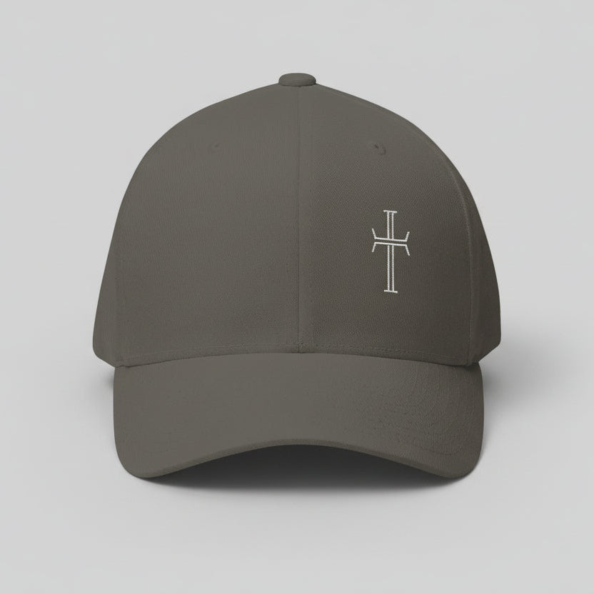 Olive cap with white cross on the left front panel against a gray background