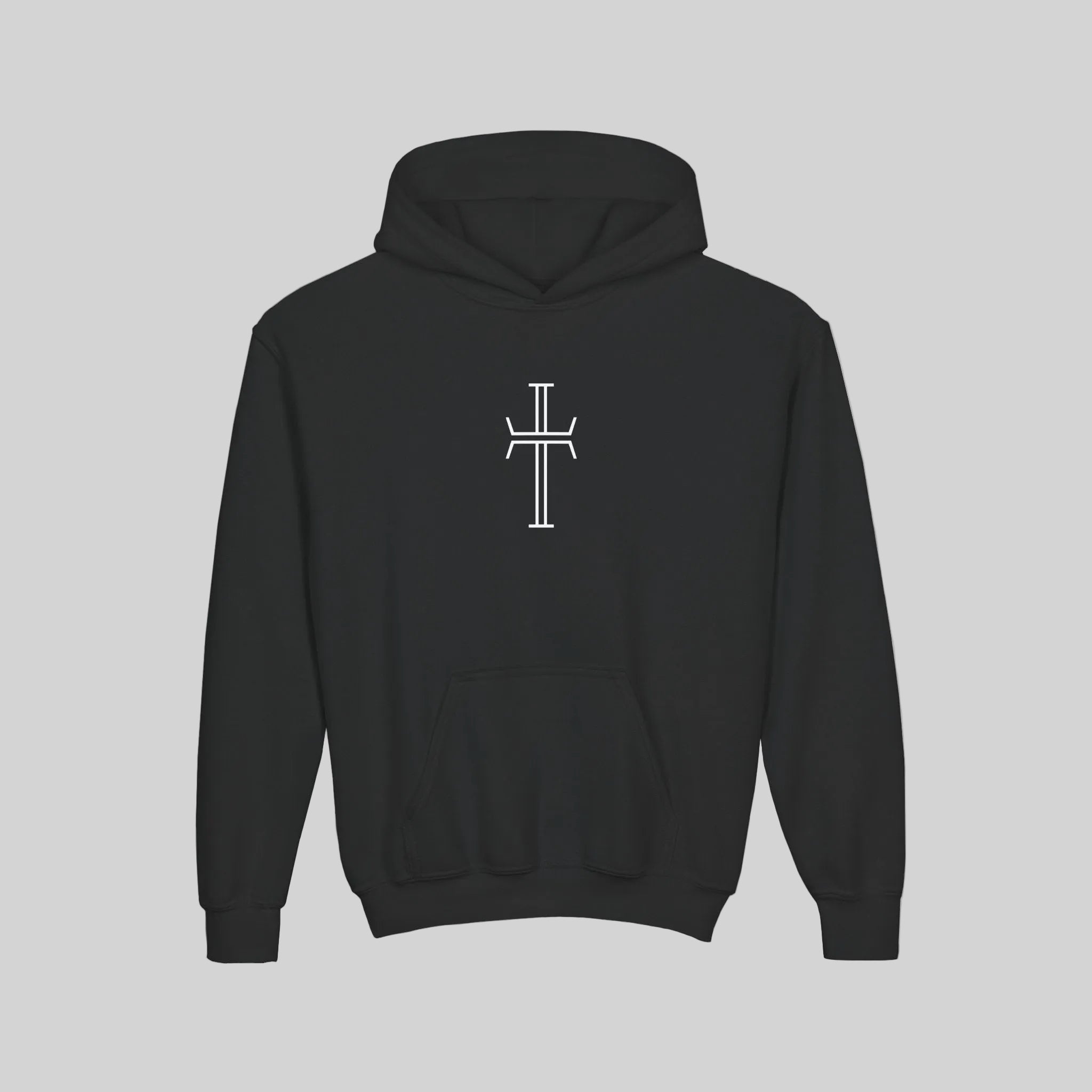 Black hoodie with cross graphic on a light background