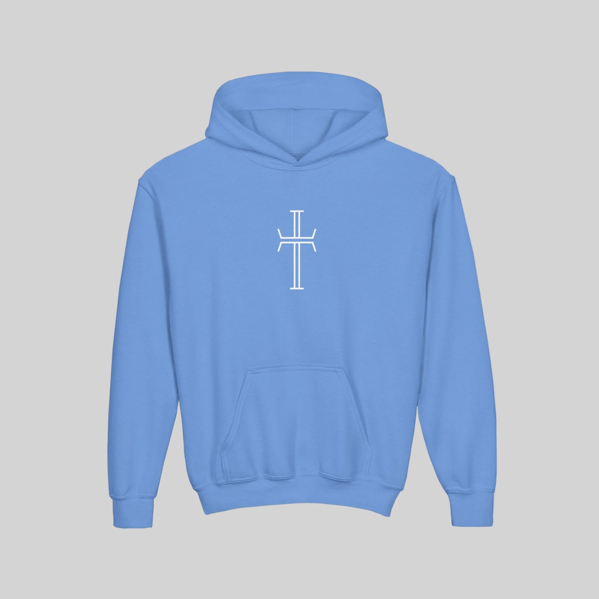 Light blue hoodie with cross graphic on a light background