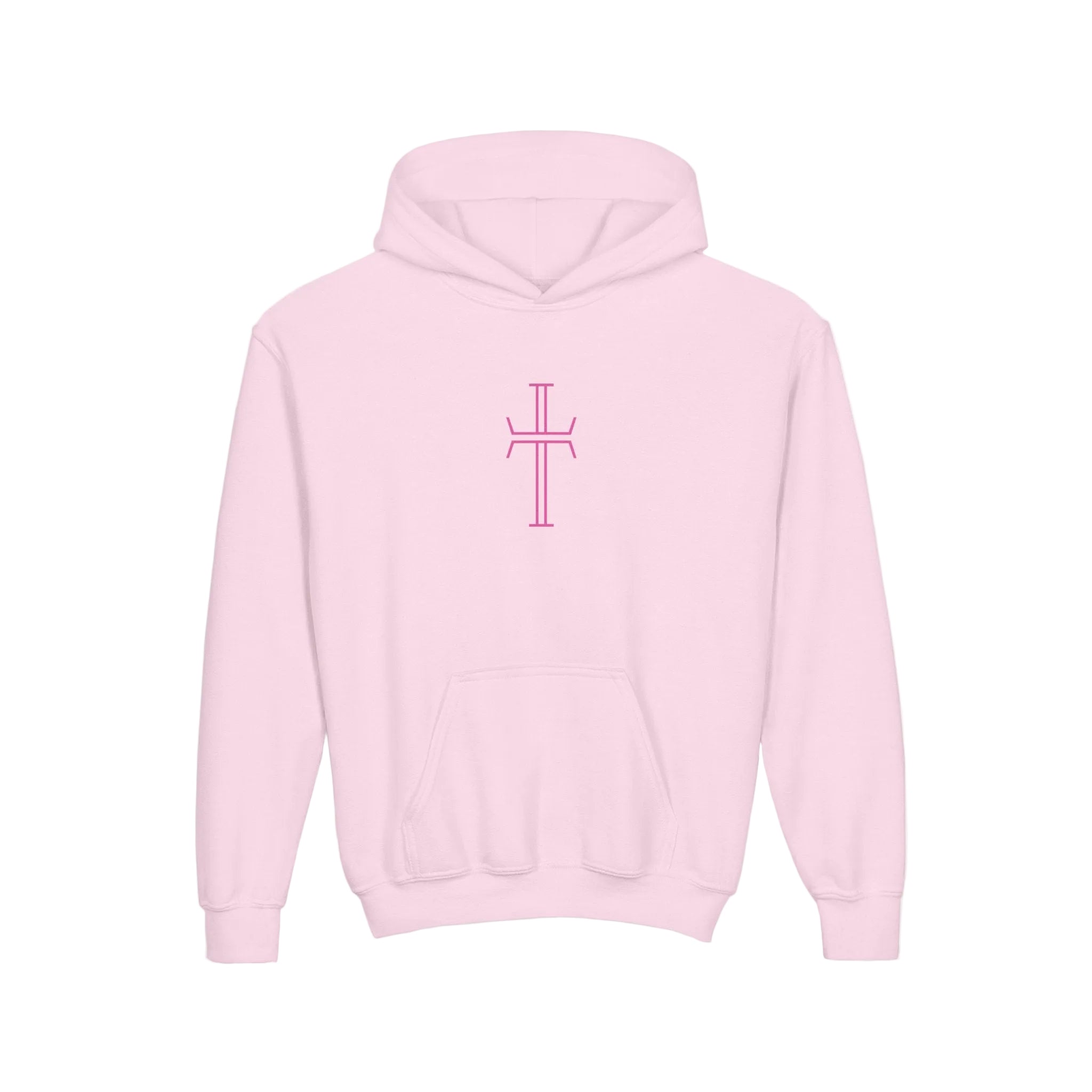 Light pink hoodie with a cross design on a white background