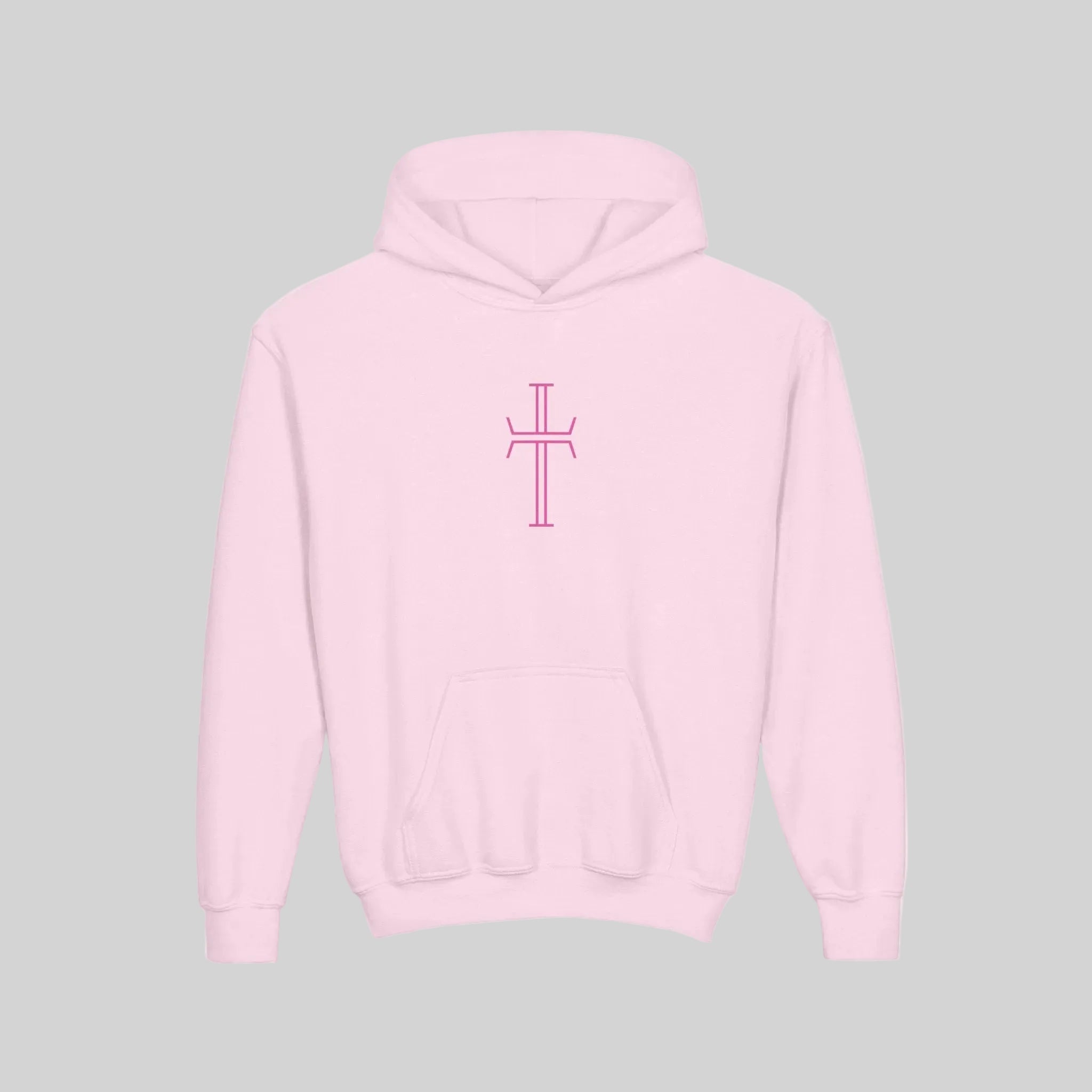Light pink hoodie with a cross design on a white background