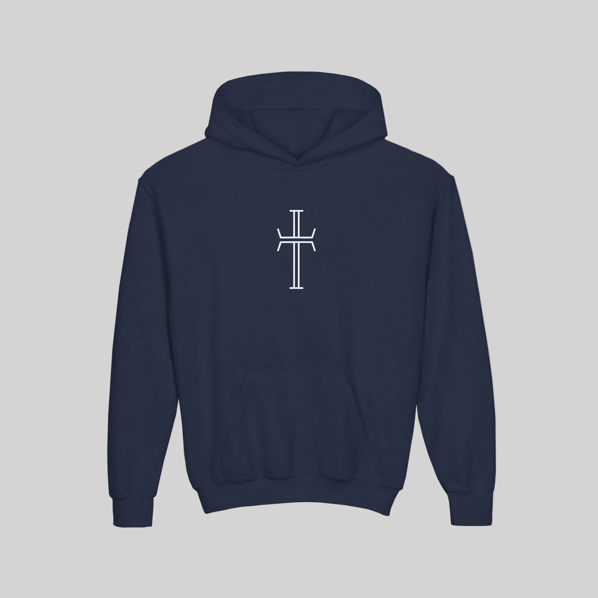 Navy hoodie with cross graphic on a light background