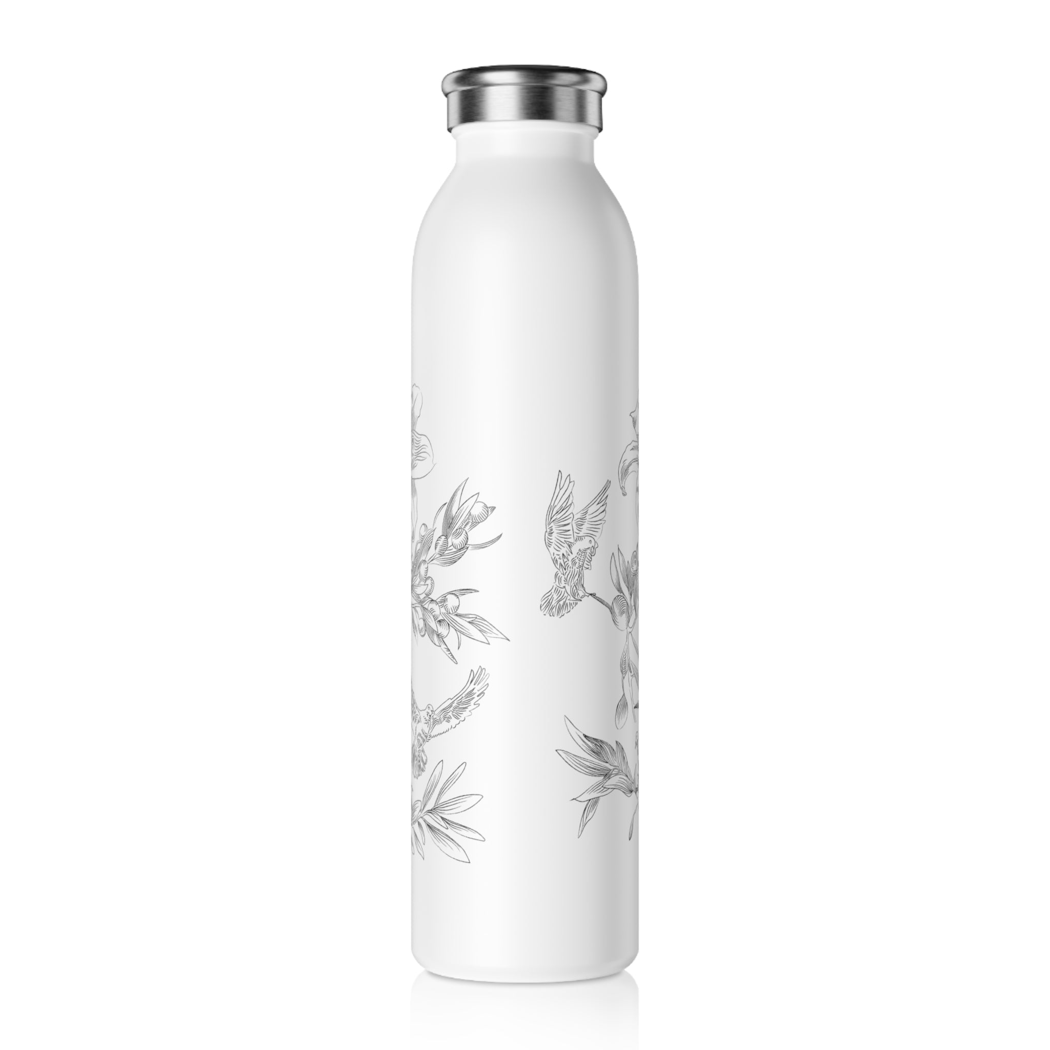 Back of white water bottle with floral and dove design on a white background