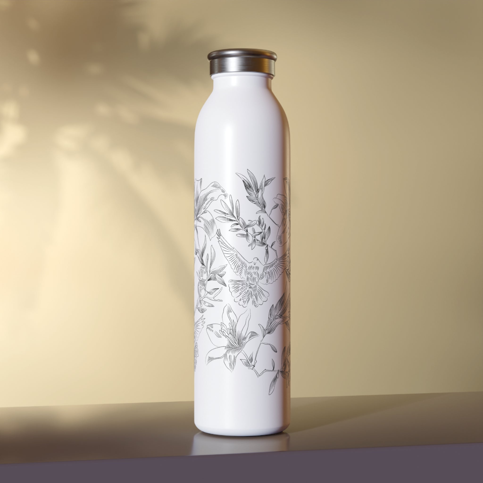 White water bottle with floral and dove design on a beige background