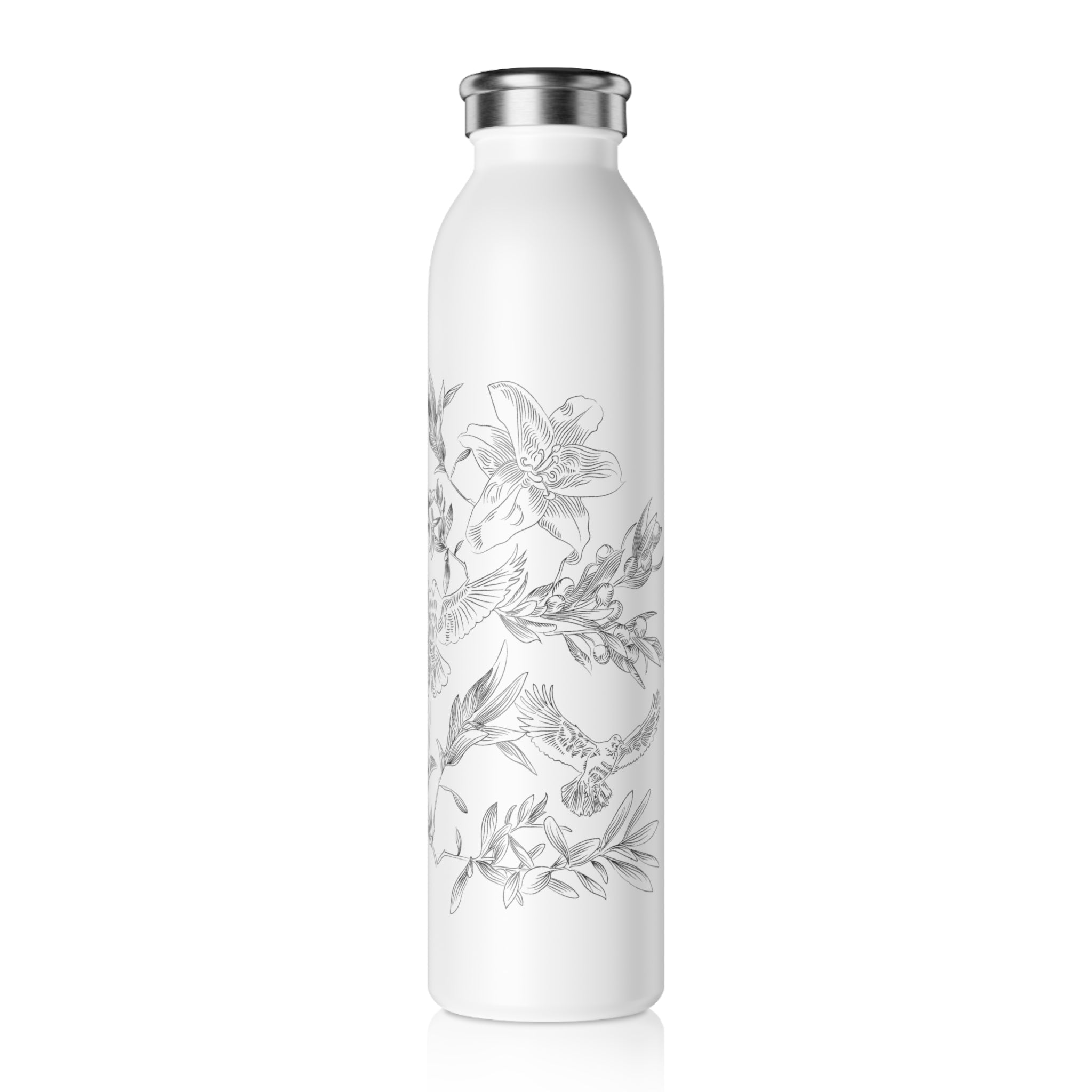 Left side of white water bottle with floral pattern on a white background