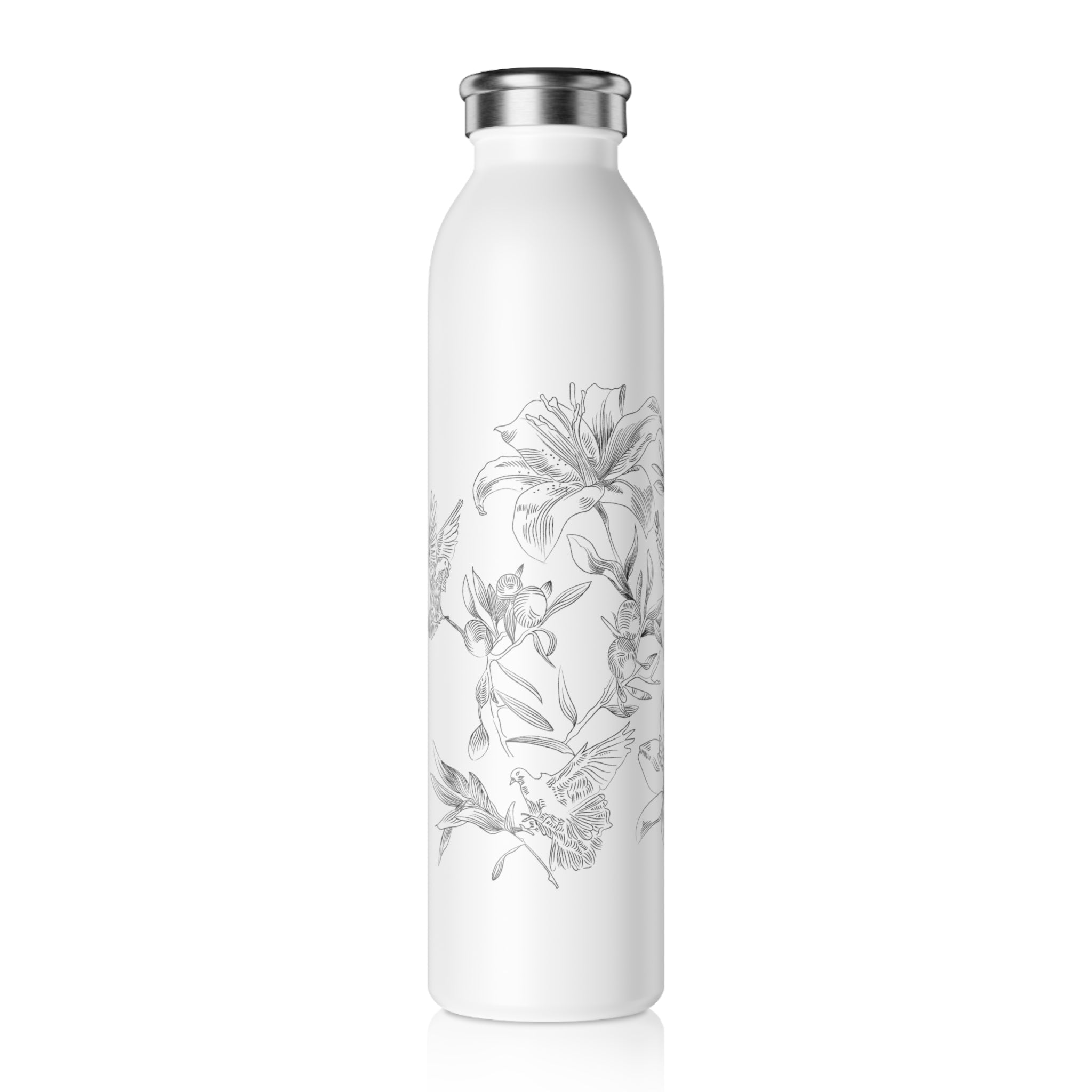 Right side of white water bottle with floral design on a white background