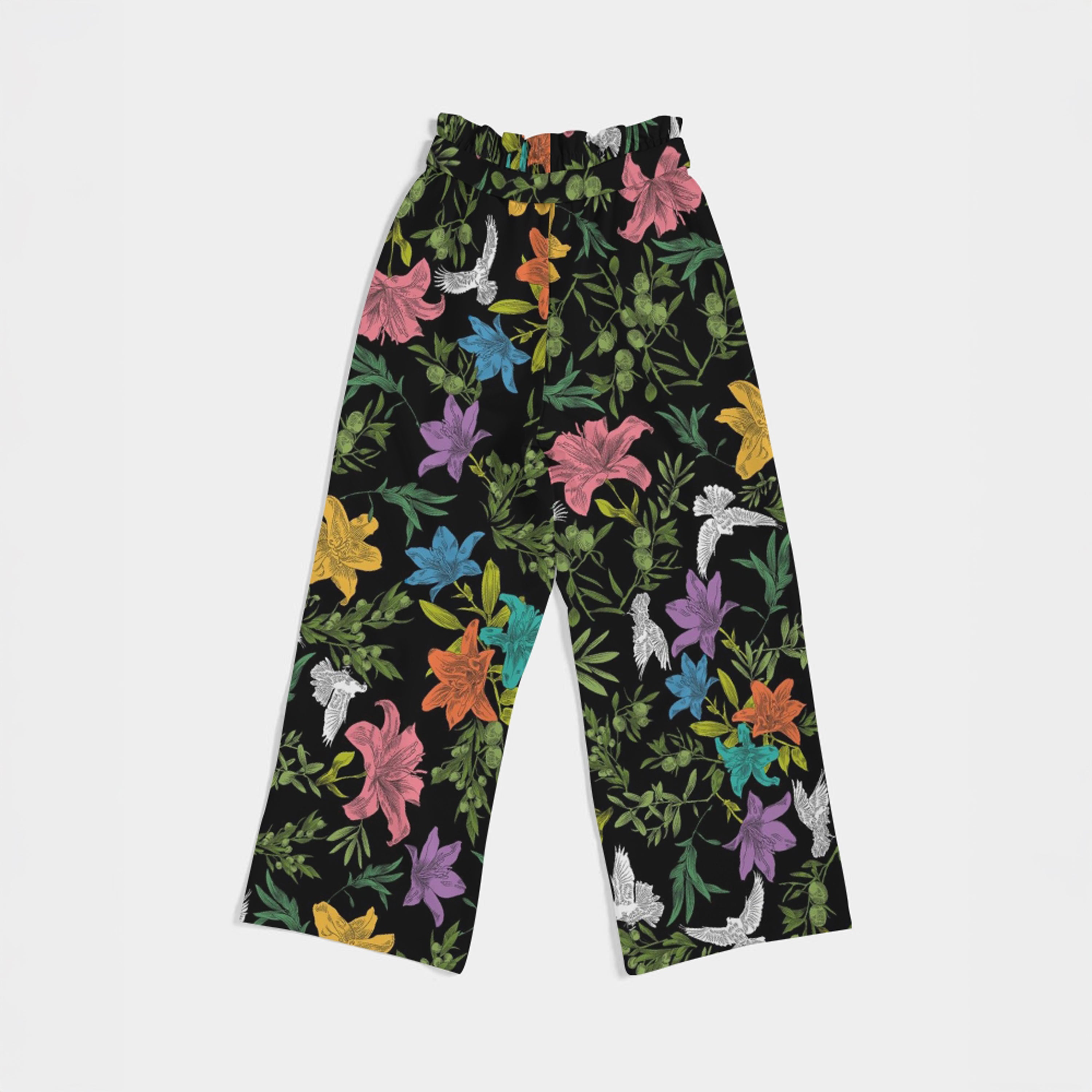 Colorful floral-patterned pants laying flat on a white background
