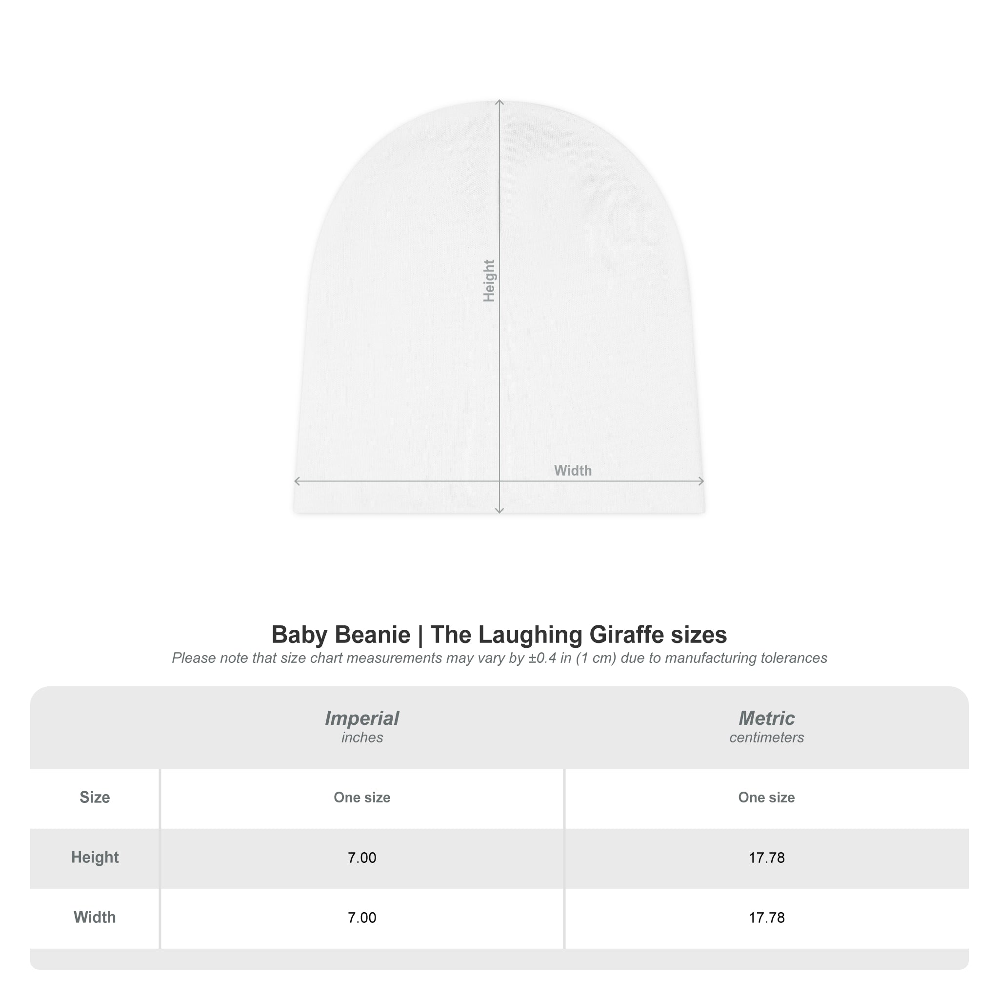 White baby beanie with size chart on a white background