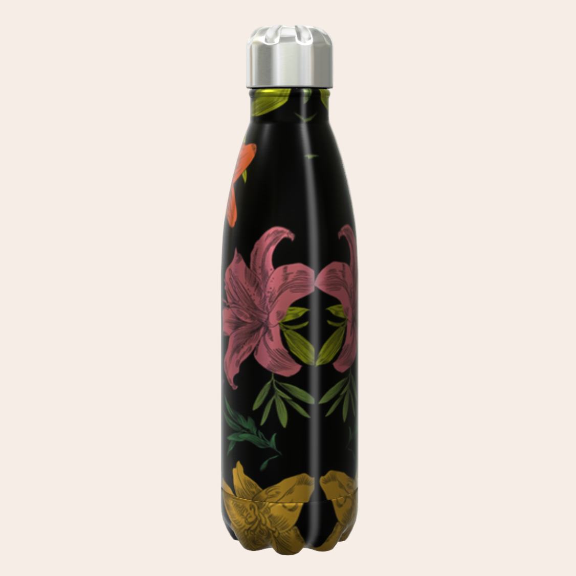 Floral-patterned water bottle on a beige background