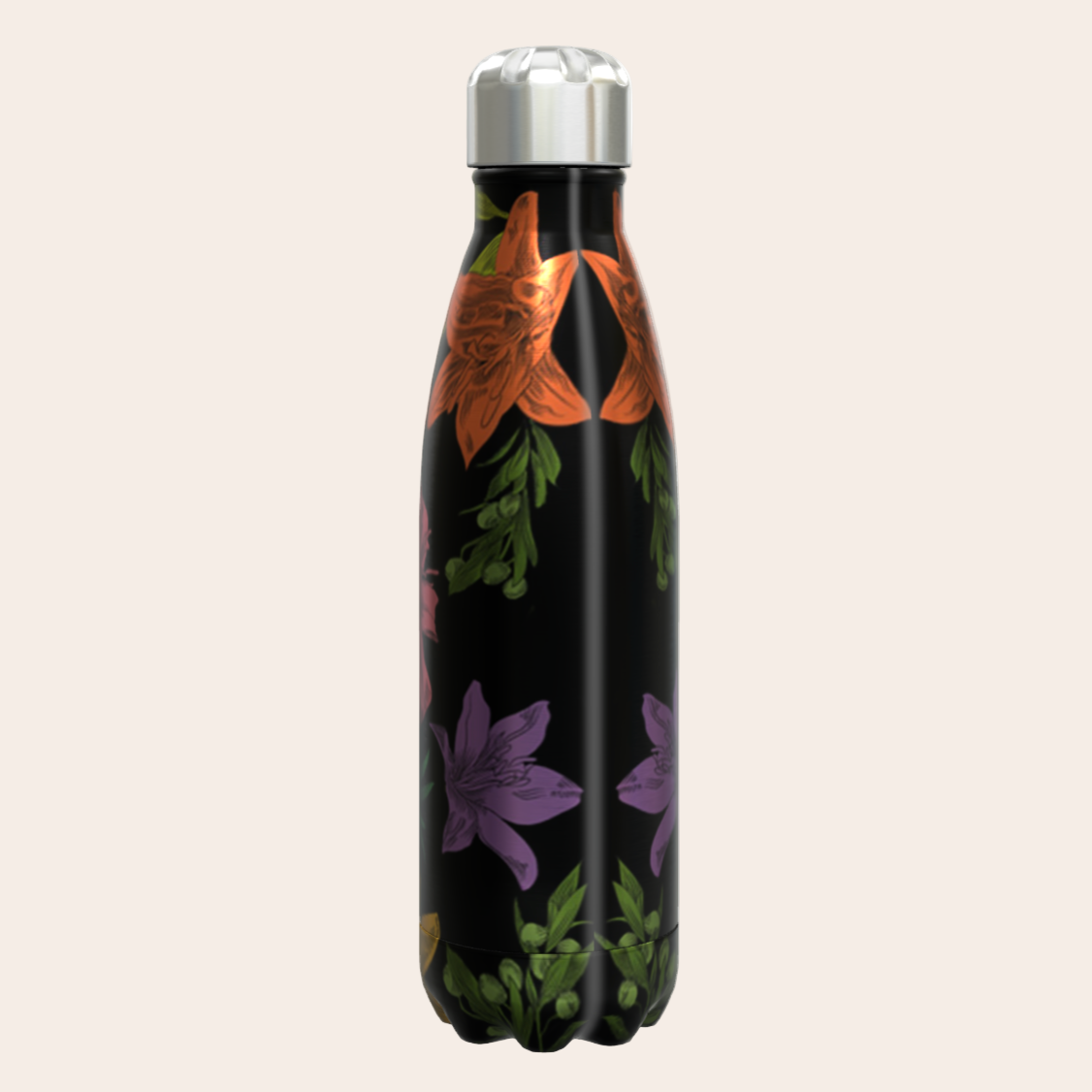 Black water bottle with floral design on a beige background