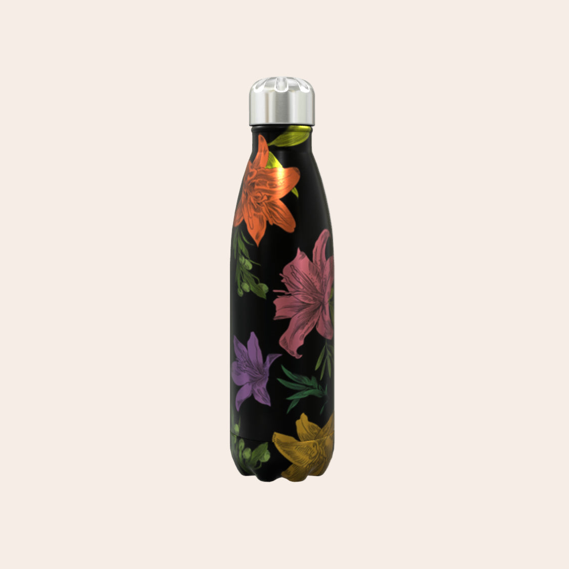 Floral-patterned water bottle on a white background