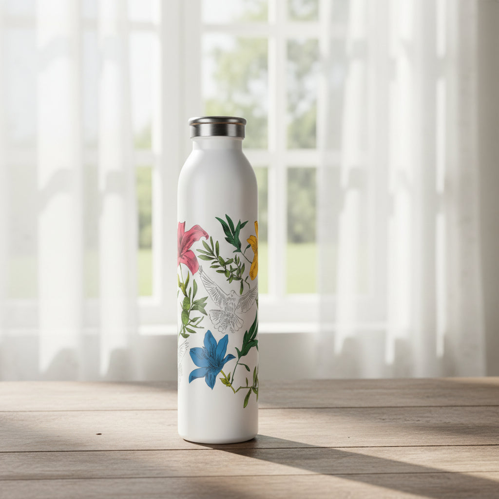 White water bottle with floral design on a wood table next to window