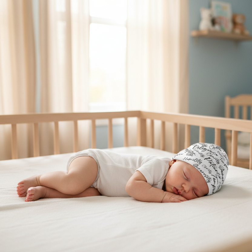 Baby sleeping in a crib with a crib mobile in the background