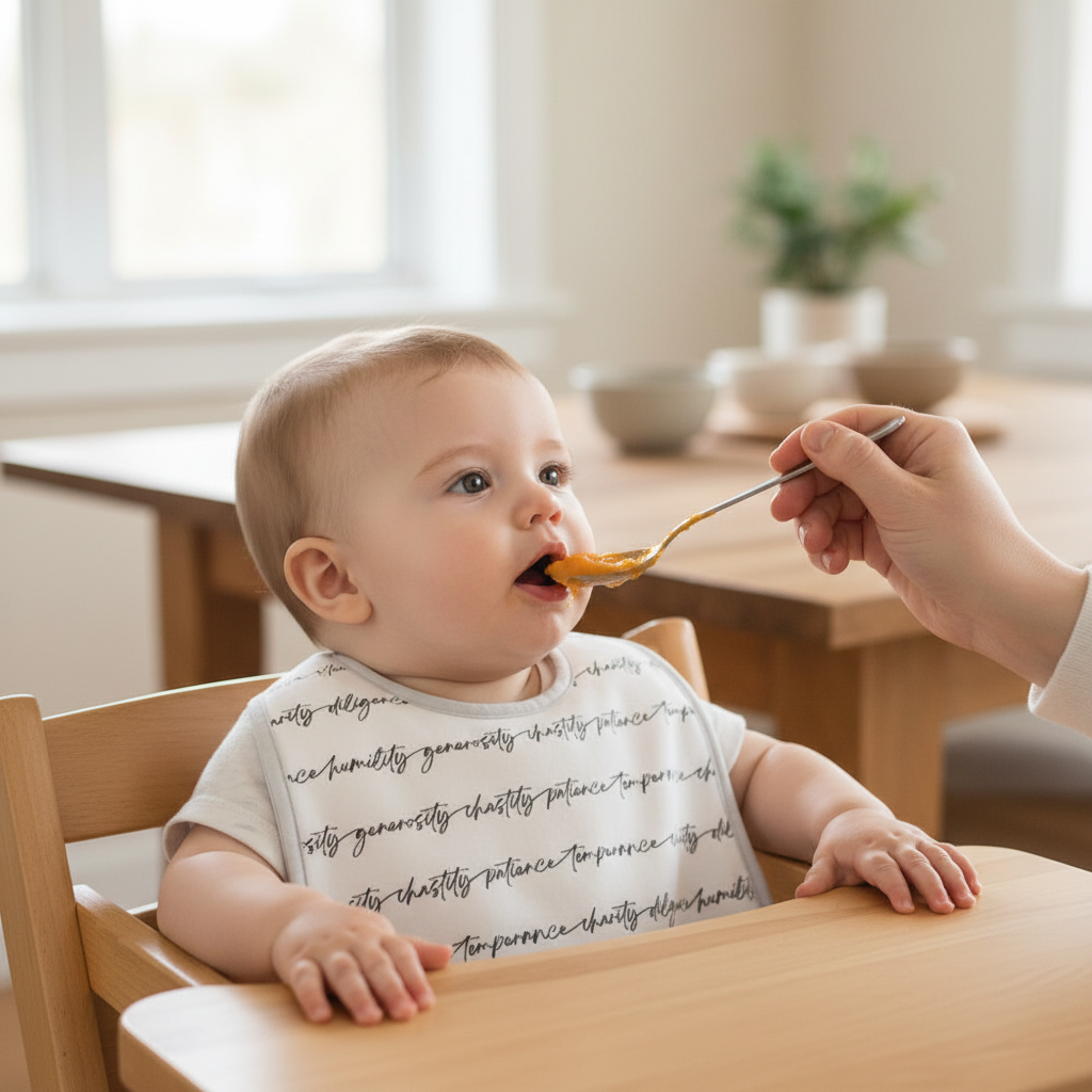 A white baby bib with biblical virtues written in black script in continuous strips across the garment. It has a white rolled border and two plastic snaps for alternate sizing options.